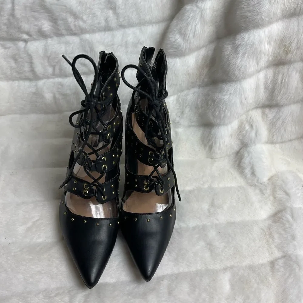 Izabella Rue Grette black studs lace up heels pointed toe with back zipp…